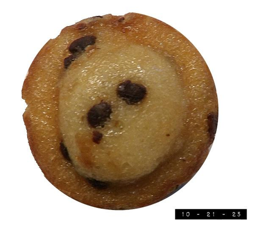 Mini muffin with chocolate chips.  About 1.5" in diameter and about 0.4 ounces in weight.  Made by Entenmann's - a 127-year-old American baking company now owned by Grupo Bimbo, a Mexican conglomerate.  These muffins are officially called Little Bites.  I don't often pretend to be a doctor, but when I do I order myself to take two of these muffins twice a day until my symptoms disappear.  Better than Prozac for depression!  And I suspect that will continue to be the case until Prozac comes studded with chocolate chips.    