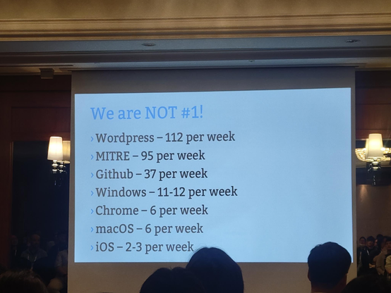 OSSKorea Greg KH CVE 발표 슬라이드

워드프레스가 112cve/wk 수치를 자랑하고 있다