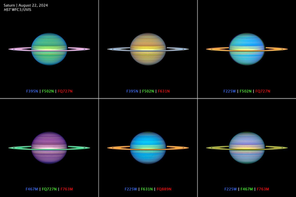From source in toot: A six-panel collage titled “Saturn, August 22, 2024, HST WFC3/UVIS.” This “Warhol-esque” array of Saturn images depict real data from multiple filters mapped onto the RGB colors perceptible to the human eye. Each filter combination emphasizes subtle differences in cloud altitude or composition. Infrared spectra from the Cassini mission suggested that Saturn’s aerosol particles may have even more complex chemical diversity than on Jupiter. The OPAL (Outer Planet Atmospheres Legacy) program extends Cassini’s legacy by measuring how the subtle patterns in the clouds vary over time