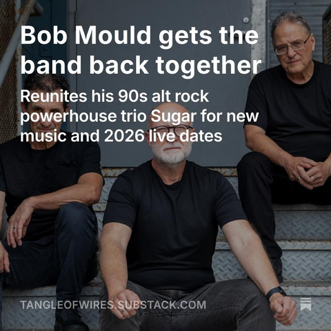 The band Sugar - BobMould, David Barbe and MalcolmTravis - sit on some steps