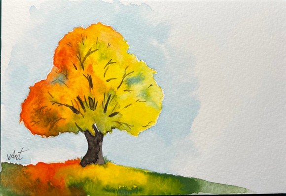 Aquarellzeichnung: Baum (der Form nach eine Linde) mit gelb-rotem Herbstlaub und dunklem Stamm steht auf einer grünen Wiese vor hellblauem Himmel. buntes Laub dekoriert die Wiese um den Stamm herum. 