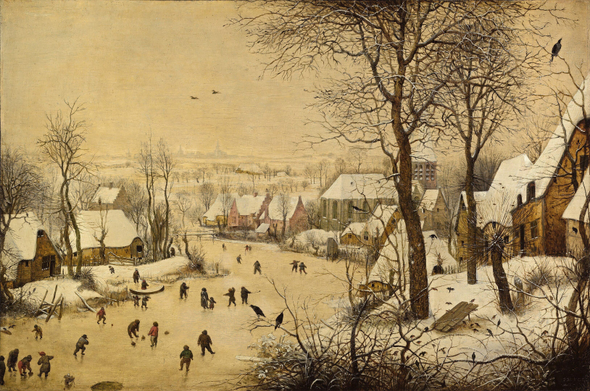 A winter scene depicting a snowy landscape with a village. People are skating and playing on an ice-covered river, surrounded by houses with snow-covered roofs and trees. The sky is pale, and birds are seen in the branches and flying above.
