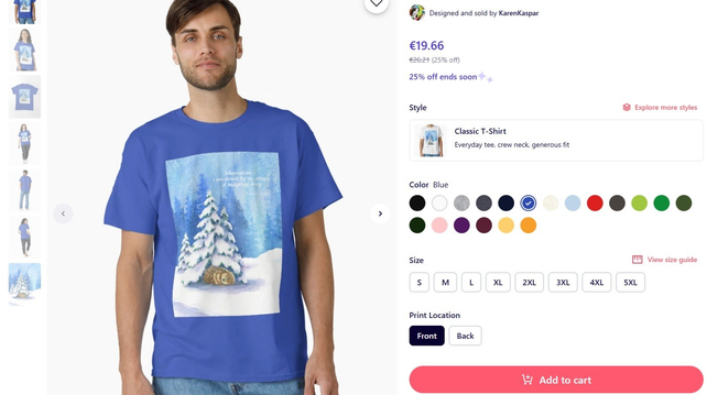 Blue T-shirt with a watercolour painting of a snow landscape with a fir tree and a hibernating hedgehog under a blanket of snow. 
Haikuart:
art by : @KarenKasparArt@socel.net 
haiku by : @MarjoleinRotsteeg@mastodon.nl