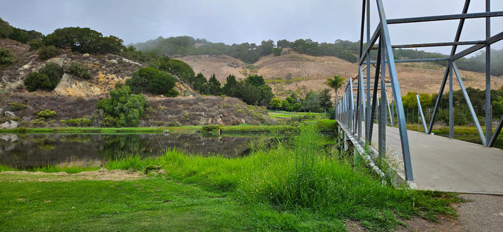 A landscape photograph depicts a view of a body of water surrounded by grassy hills. A concrete pedestrian bridge with a metal railing occupies the right side of the frame, extending into the distance. The water is dark and still, reflecting the surrounding vegetation. Lush green grass fills the foreground on both sides of the bridge, and a series of gently sloping hills covered in dry, yellow-brown grass rise in the background. The sky is overcast, casting a soft light on the scene.