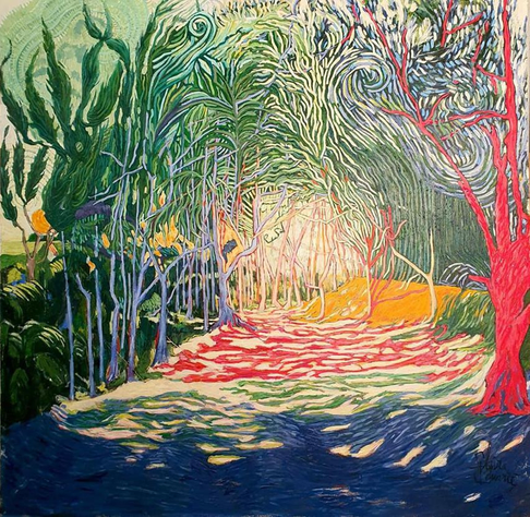 A slightly abstract landscape of a wide, uneven path between a line of trees and tall bushes. The trees lean over the path and sunlight shines through the branches casting intricate patterns on the path. The main colors used in the painting are deep greens, rusty orange, cream, and gold.