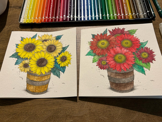 A cards with flowers in a barrel colored with watercolor 