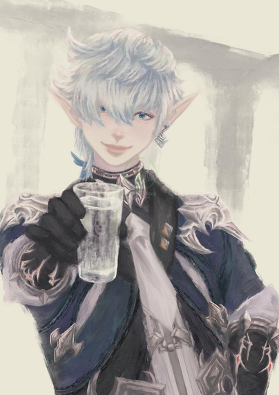 Alphinaud from Final Fantasy 14 (a young elf boy with silver hair) hands you a glass of water with a smile on his face and the other hand on his hip. He looks at you intently, wanting you to accept the glass. 
In the reflection, a skeleton stares back at you...
Fan art by Jasmint painted in Krita.