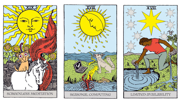 Three modded Smith-Waite tarot cards: Screenless Meditation, Seasonal Computing and Limited Availability. 
"A wolf howls at the moon while they are in a video call with a friend. A crayfish shows the wolf a moonlit path to freedom from always having to be available.
A way of computing that is tied to certain moments in the year, cyclical and not always available, only in spring or for the full moon. Based on a conversation with Alice Strete and Cristina Cochior during the project A Traversal Network of Feminist Servers."