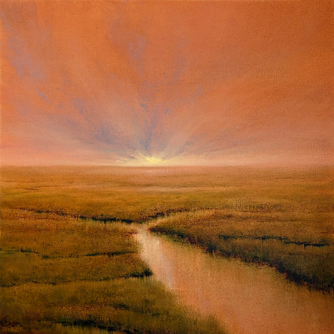 Original oil painting by Tisha Mark, "Awake" 16"x16" oil on canvas (2023). Painting of a coastal marsh underneath an orange-toned sunrise sky. Light from the sky is reflected in the water below.