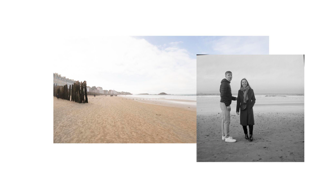 L'image montre un montage photo, avec au premier plan un portrait noir et blanc de Sarah et vincent et au second plan, en couleur, une photo de la plage du Sillon à St Malo.