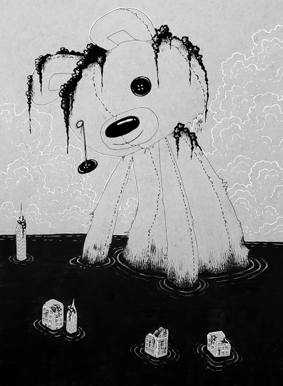 An ink drawing on gray toned paper. A giant teddybear lumbers through dark water, with clumps of wet goop collected on its head and back, a loose button eye, and loose stitching. Around it there are visible tops of buildings, which are broken and crumbling with the same goop connected on their roofs. There are clouds behind the teddy in white ink.
