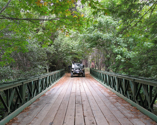 A Jeep sits on the far end of a green steel bridge with wood planking, and there are green tree branches closely surrounding along the entire length.