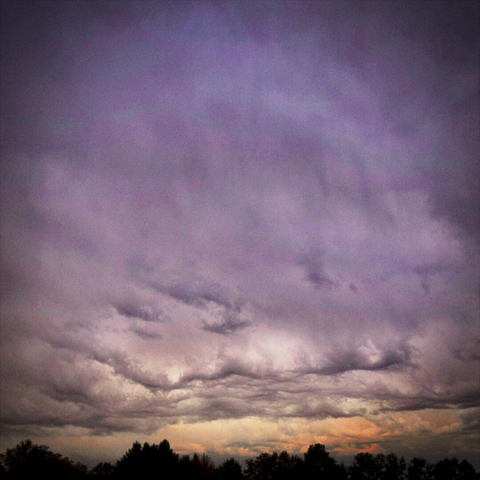 A morning sun rises behind bright orange and purple clouds just above a tree-lined horizon.