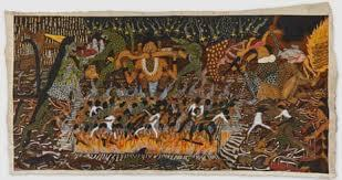Santiago Yahuarcani: Aquí está caliente (It’s Hot in Here), 2023.

A complex painting depicting the murder of indigenous Amazonian people by the agents of the rubber plantation owners, watched by the sprits of the rainforest