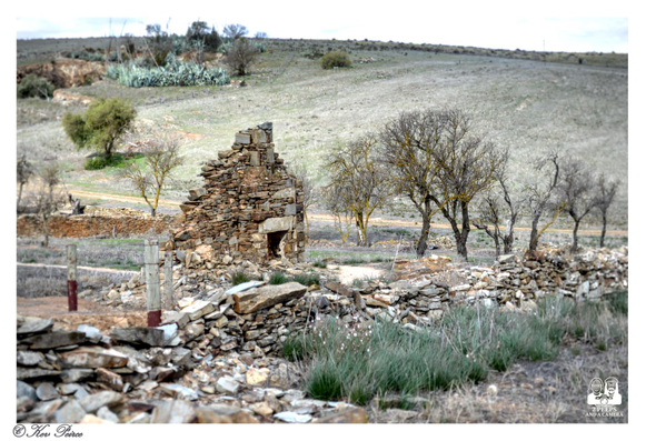 A photo of the stone remnants of a ruin in a dry, open field. A section of a stone wall and the corner of a collapsed structure are prominent in the foreground.

Several bare-branched trees stand behind the ruins, and a dusty hill rises in the background.