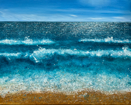 An acrylic painting of the sea looking out from a sandy beach. Waves are breaking on the shore. The sun sparkles on the water and wispy clouds lie on the horizon.