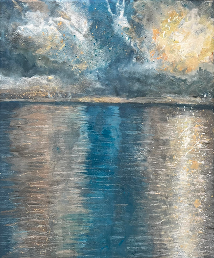 Acrylic on canvas painting of a sunset above a calm sea. Colours are blues, mauves, bronze and gold.