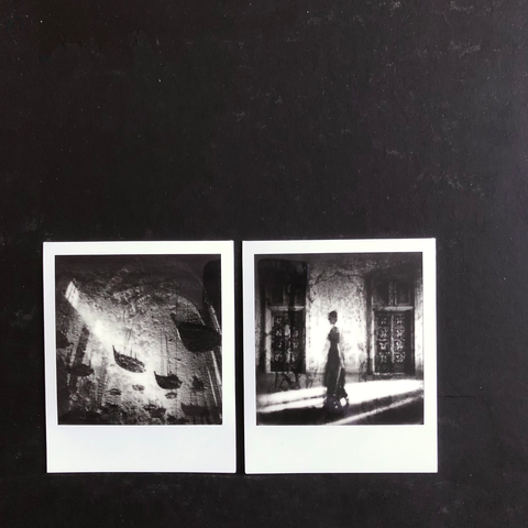 Diptych of polaroids. Suspended boats, window, corridor, human being, walking.