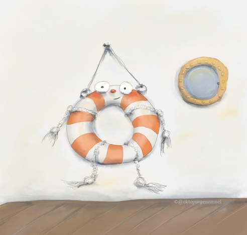 Zeichnung im Comicstil, welche einen Rettungsring mit leicht lächelndem Gesicht darstellt. Der Rettungsring ist orange-weiß gestreift und hängt an der Wand neben einem Bullauge.