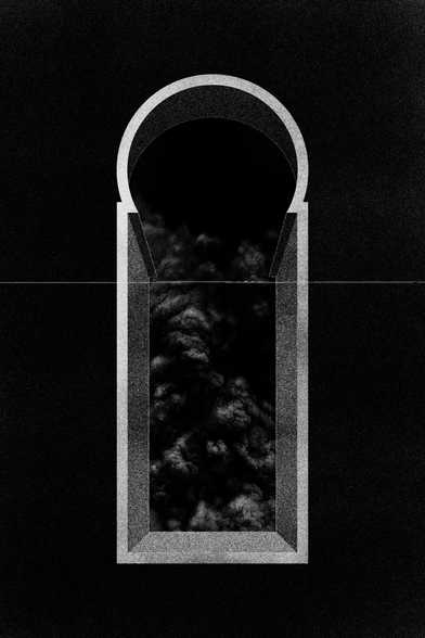 The image presents a vertically oriented composition dominated by a large arch-shaped structure resembling a keyhole or a stylized window. The form is outlined in a fine grain of light gray against a deep black background. Inside the arch, dense black smoke or cloud-like formations rise upward, creating a strong contrast with the clean geometric border. The texture is grainy and matte, reminiscent of fine charcoal or photographic film grain. The overall aesthetic is minimalistic and architectural, with a balance between precision of form and organic turbulence within the inner space.