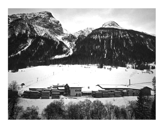 Daylight monochrome landscape photography.

Sumptuous mountains in the background, squeaking snow enveloping the naked silence, a sawmill in the foreground to build up the expected tiny warm smoke.