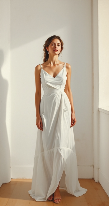 IMAGE: A Hopperesque generation of a woman in a white dress, standing in light from a window, a corner of a room painted white, a wood floor. #art #ai_art #parody