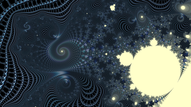 A section of the Mandelbrot set, colored using mostly dark blue colors, except for the interior, which is colored using a low saturated bright yellow.