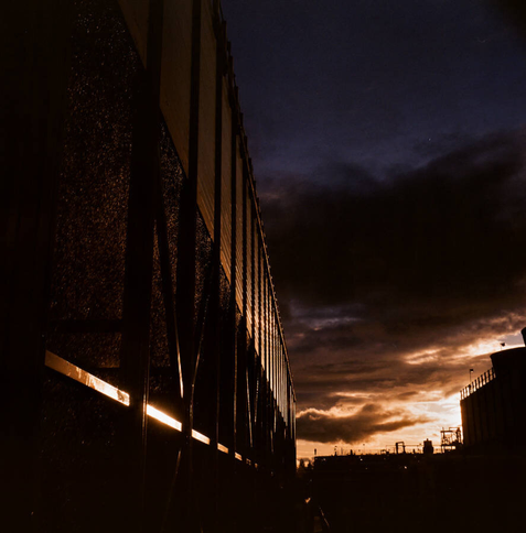 Closeup of the cooling towers at sunset