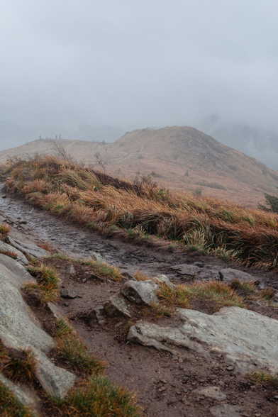 A muddy trail leading through heathland and dry grass, with mountains covered in fog and piercing clouds in the background