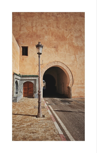 A vertical photo captures an arched entryway set into a warm, ochre-colored wall. A tall, ornate, antique street lamp stands centrally in the foreground on a stone-paved sidewalk, dividing the frame. To the left, there is a wooden door with intricate, mosaic tilework surrounding it, and a small, barred window is visible higher up in the wall. The entryway, framed by a rounded arch, is dark and leads into a passageway. The ground transitions from a light-brown cobblestone sidewalk to a darker asphalt road with a double-stripe line (white and red) leading into the arch. Strong sunlight casts a shadow of the lamp and archway to the right.