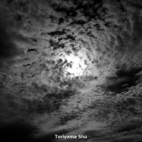 高積雲。背後に太陽。白黒写真。