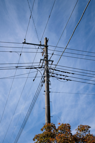 A utility pole stands against a clear blue sky, surrounded by power lines and a hint of foliage at the base.