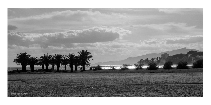 Black and white landscape of a coastline with palm trees in silhouette on the left of the image and hills and a hotel to the right. In the foreground is the empty beach and the sky is full of dense, dark clouds.