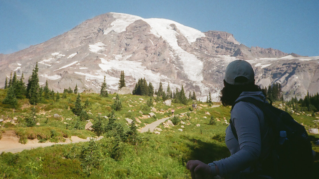 Photo of Mount Rainier at Paradise, WA, brightly lit under a clear sky. A hiker stands in bottom right corner, covered in shadow, looking away from us and toward the mountain.