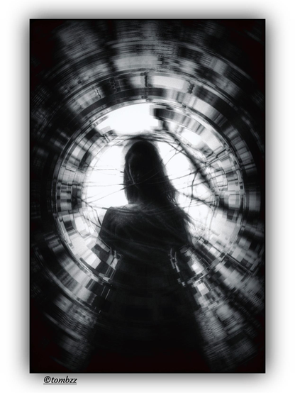 Black and white photo with a cool tone. The woman is shot from below and her figure is blurred, wrapped in a glitchy ring that looks like a digital ripple. You can't see her face, just the outline of her long hair and dress. The background is wild twisted city shapes stretched into a spinning circle, like the whole scene got sucked into a vortex. It feels dreamy and a bit unsettling, like a memory glitch caught between emotion and static.