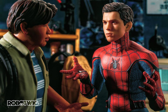 Ned catches Peter in his Spider-man outfit whilst waiting in his bedroom. 