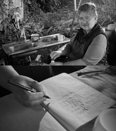 Top BW photo shows Rosaura at work in her pop-up organic food stand. Bottom one is a close-up of her hand kkeing notes on sales in a school notebook.