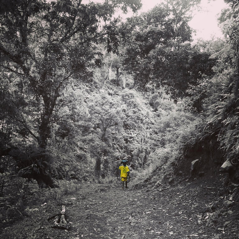 Un enfant habillé d’un short et d’un t-shirt jaune porte un petit sac sur sa tête. Il marche dans la forêt en noir et blanc