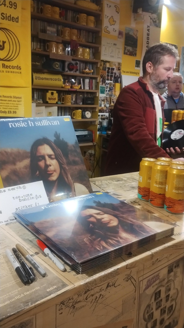 Copies of Rosie H Sullivan's new vinyl EP on the desk at Thorne Records