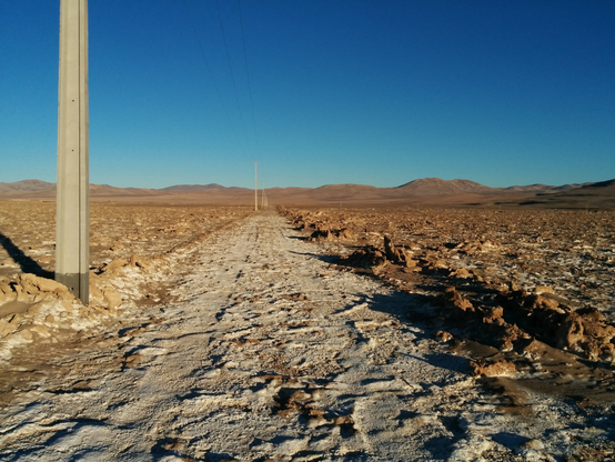 Image: Salt-crusted road in the Atacama desert, 2018. 

Carretera cubierta de sal en el desierto de Atacama, 2018.

طريق مغطى بالملح في صحراء أتاكاما، 2018.

Route recouverte de sel dans le désert d'Atacama, 2018.

Estrada coberta de sal no deserto do Atacama, 2018.