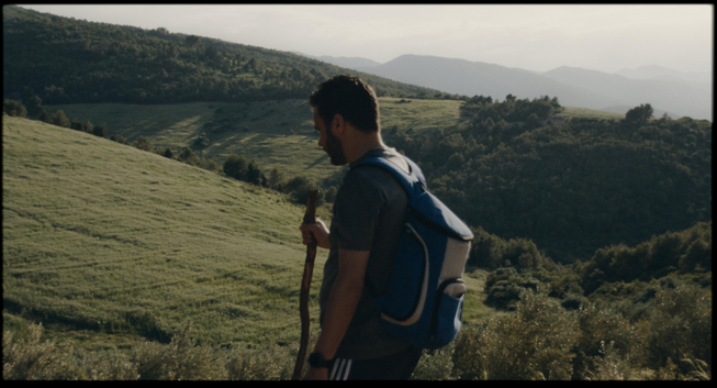 Person hiking on a green hillside with mountains in the distance, carrying a backpack and walking stick.