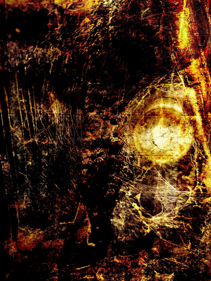 An abstract composition featuring a dark, textured surface with warm tones of orange and yellow. The cobwebs and voids give it - to my eyes - a naturistically creepy look.