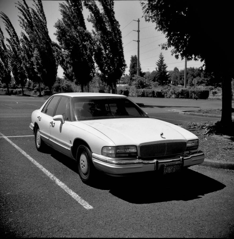 A white luxury sedan parked in a parking lot next to a row of junipers.