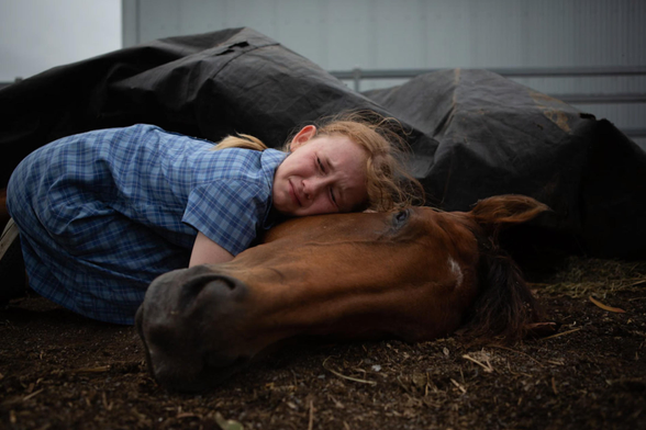 A girl is saying goodbye to her beloved horse.