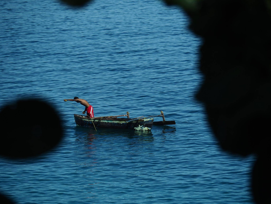 Un homme sur son embarcation effectue un mouvement de pêche; la photo est prise à travers la végétation.
