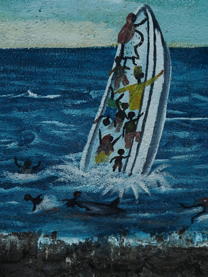 Détail de la fresque sur le bateau en train de couler avec ses passagers précipités dans l’eau