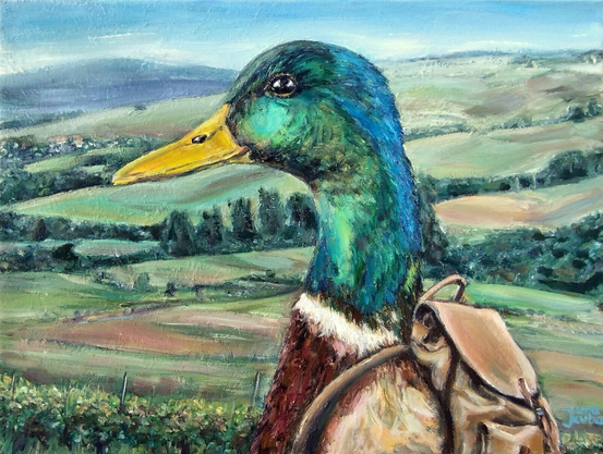 Painting of Mallard duck with a backpack hiking in the Selz valley in Germany. Humorous animal art by Jura Kuba. Oil on canvas, 40 x 30 cm.