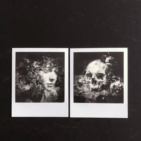 Diptych of polaroids : the living and the dead staring at each other. 