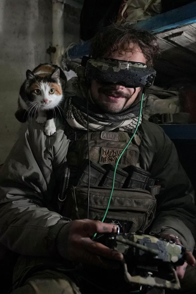 Ukrainian serviceman operating a drone with a cat on his shoulders. 
