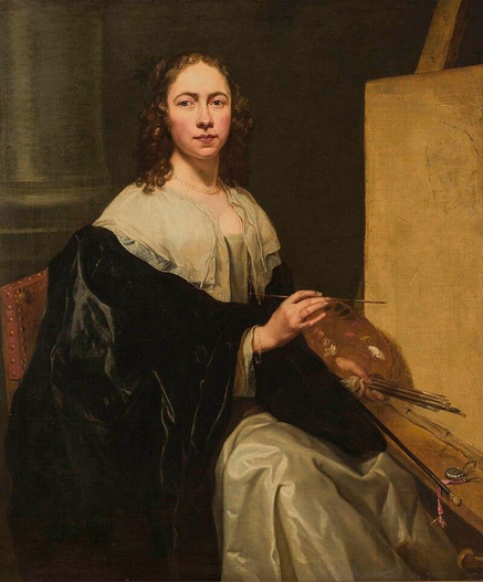 Michaelina Wautier, Self‑Portrait (about 1645). 

The painting portrays a seated woman artist, identified as Michaelina Wautier herself.

She is shown in three-quarter view, gazing directly at the viewer. Her expression is serene.

Wautier wears a dark velvet mantle draped over a pale gown with a soft, pearly sheen.  Around her neck, she wears a simple pearl necklace.

https://en.wikipedia.org/wiki/Self-portrait_with_Easel#/media/File:Zelfportret_wautier.jpg